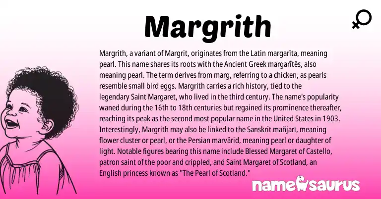 Infographic about Margrith name meaning, Margrith is a name from Ancient Greek, United States, English, Persian, Latin, Sanskrit origin(s).