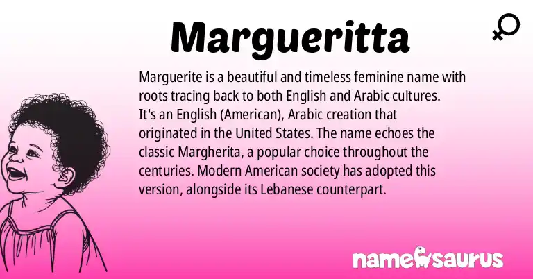 Infographic about Margueritta name meaning, Margueritta is a name from English (American), Arabic origin(s).
