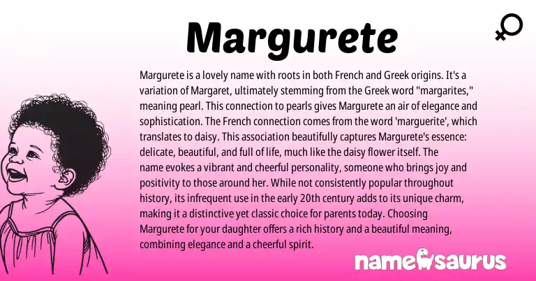 Infographic about Margurete name meaning, Margurete is a name from French origin(s).