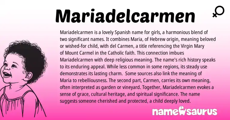 Infographic about Mariadelcarmen name meaning, Mariadelcarmen is a name from Hebrew, Spanish origin(s).