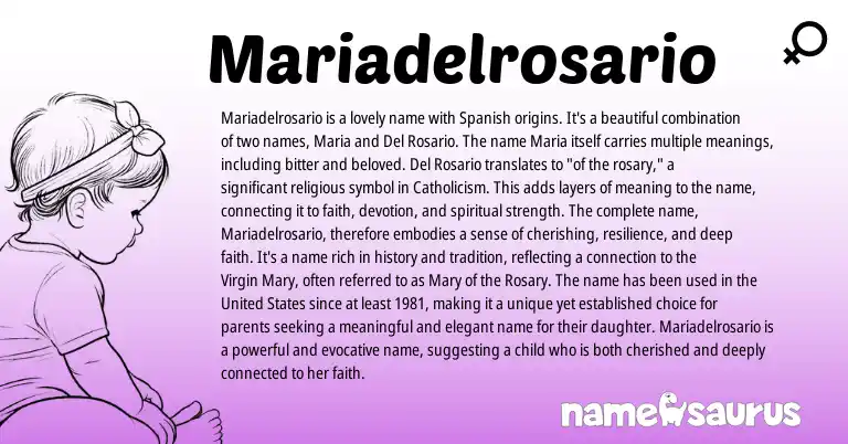 Infographic about Mariadelrosario name meaning, Mariadelrosario is a name from Spanish origin(s).