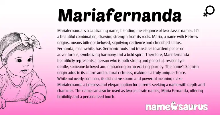 Infographic about Mariafernanda name meaning, Mariafernanda is a name from Latin, Hebrew, Germanic origin(s).