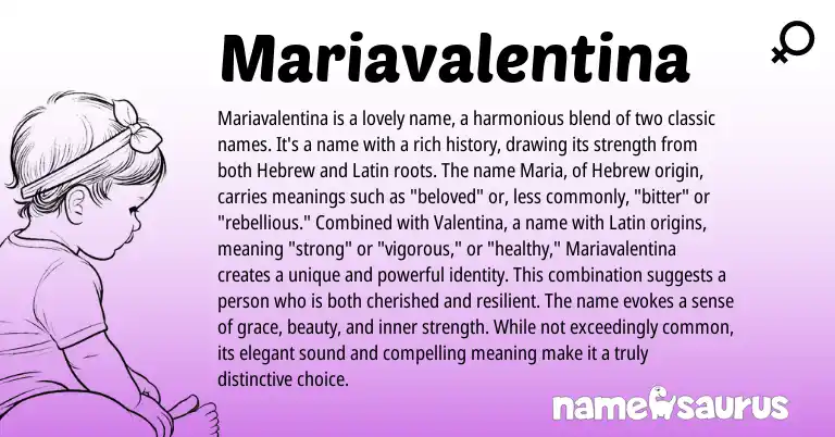 Infographic about Mariavalentina name meaning, Mariavalentina is a name from Latin, Hebrew, Italian, Spanish origin(s).