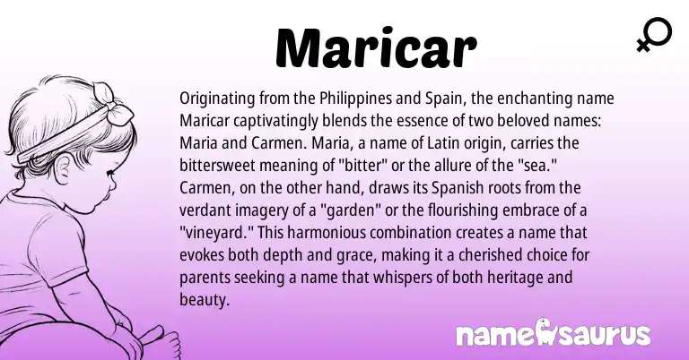 Infographic about Maricar name meaning, Maricar is a name from Philippines, Spanish, Latin, Spain origin(s).