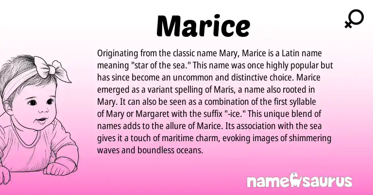 Infographic about Marice name meaning, Marice is a name from Latin origin(s).