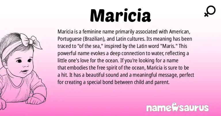 Infographic about Maricia name meaning, Maricia is a name from American, Portuguese (Brazilian), Latin origin(s).