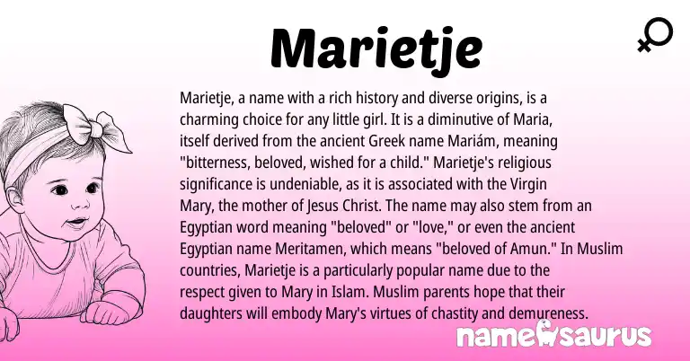 Infographic about Marietje name meaning, Marietje is a name from Egyptian, Muslim, Greek origin(s).