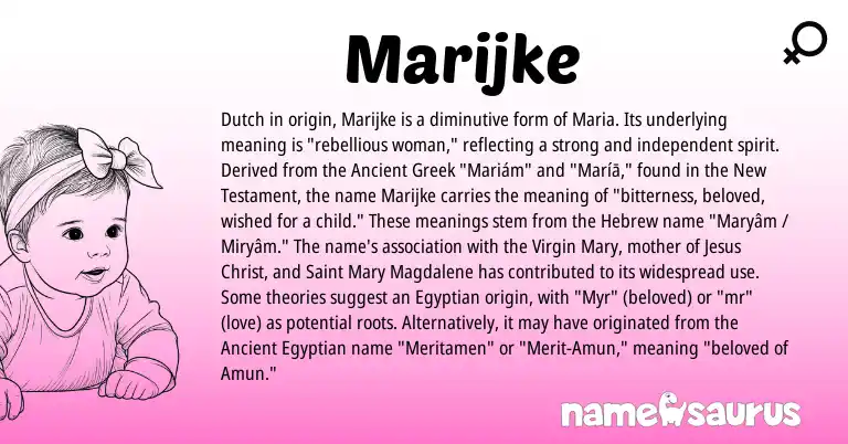 Infographic about Marijke name meaning, Marijke is a name from Ancient Greek, Ancient Egyptian, Egyptian, Dutch, Hebrew origin(s).