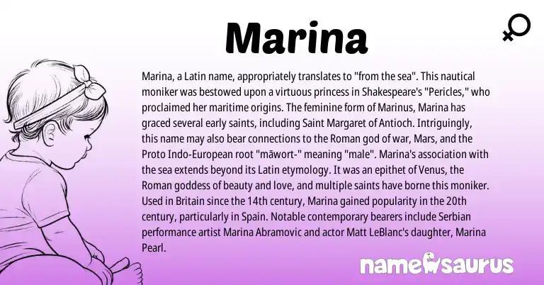 Infographic about Marina name meaning, Marina is a name from European, Spain, Roman, Latin, Serbian origin(s).