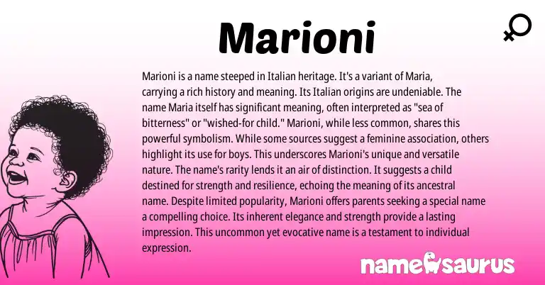 Infographic about Marioni name meaning, Marioni is a name from Italian origin(s).