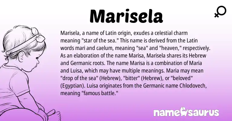 Infographic about Marisela name meaning, Marisela is a name from Egyptian, Germanic, Latin, Hebrew origin(s).