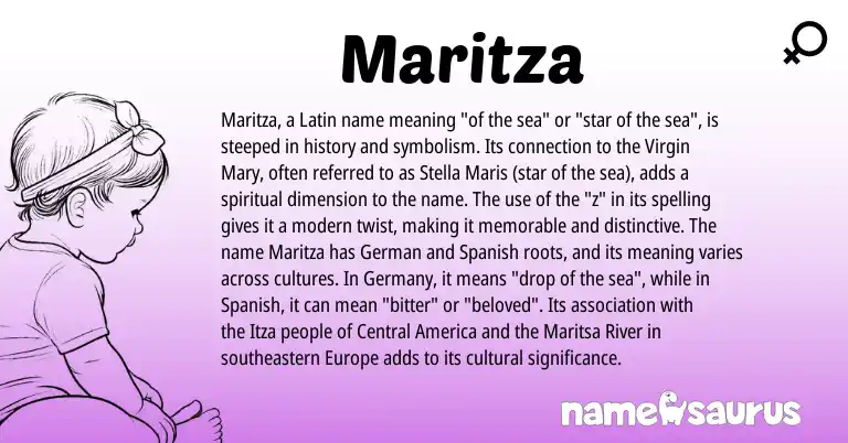 Infographic about Maritza name meaning, Maritza is a name from German, Latin, Spanish origin(s).