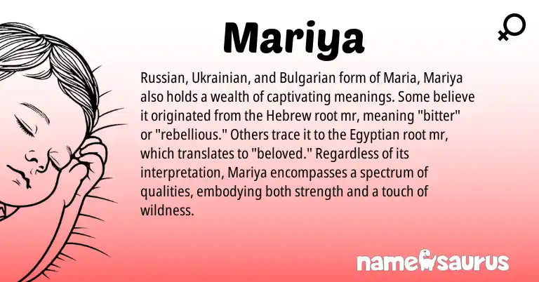 Infographic about Mariya name meaning, Mariya is a name from Ukrainian, Bulgarian, Russian, Egyptian, Hebrew origin(s).
