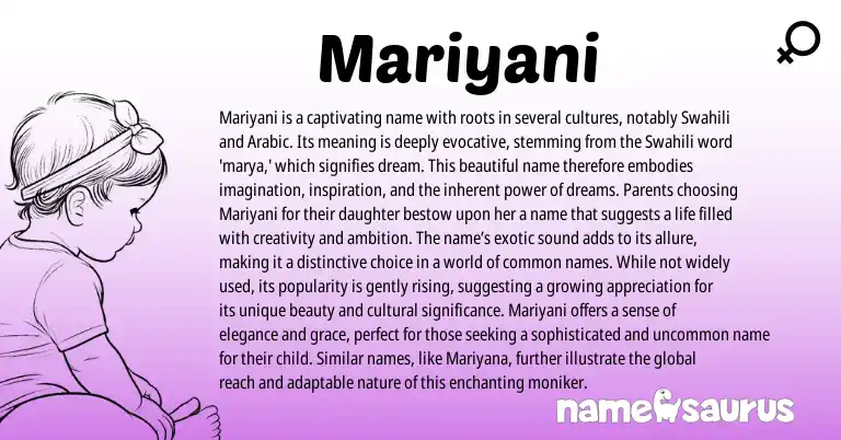 Infographic about Mariyani name meaning, Mariyani is a name from Swahili origin(s).