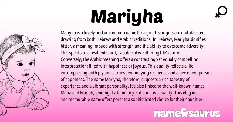 Infographic about Mariyha name meaning, Mariyha is a name from Hebrew, Arabic origin(s).