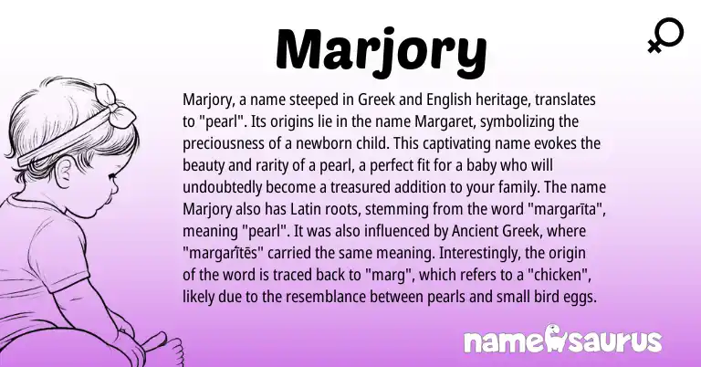 Infographic about Marjory name meaning, Marjory is a name from English, Latin, Ancient Greek, Greek origin(s).