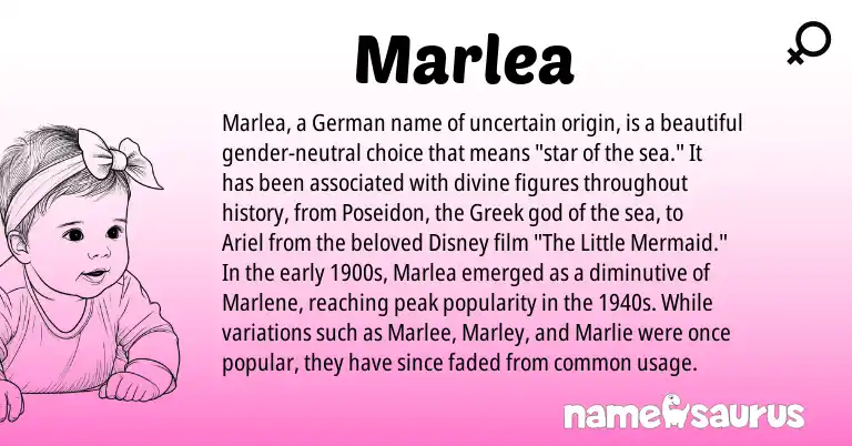 Infographic about Marlea name meaning, Marlea is a name from German, Greek origin(s).