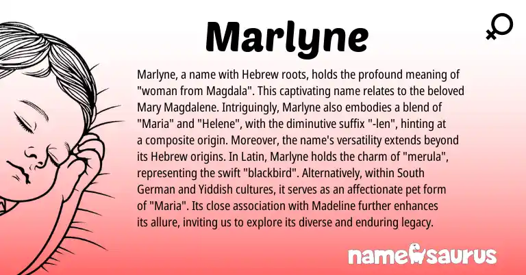 Infographic about Marlyne name meaning, Marlyne is a name from Yiddish, Latin, South German, Hebrew origin(s).