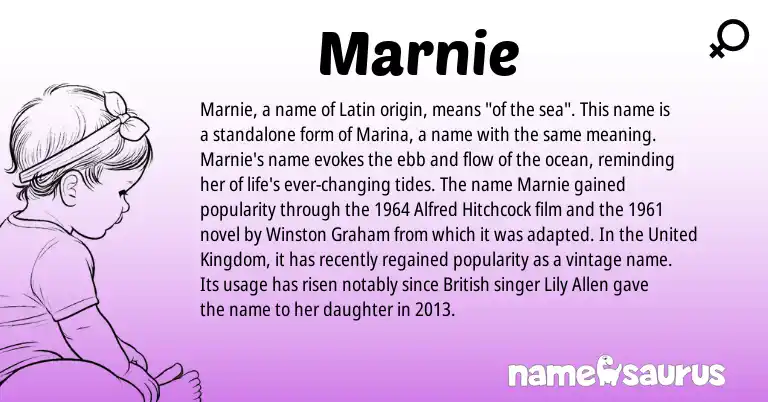 Infographic about Marnie name meaning, Marnie is a name from British, Latin, United Kingdom origin(s).
