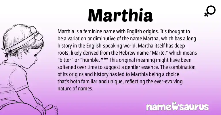 Infographic about Marthia name meaning, Marthia is a name from English origin(s).