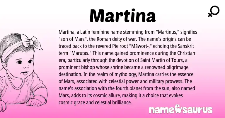 Infographic about Martina name meaning, Martina is a name from Roman, Sanskrit, Pie, Latin origin(s).
