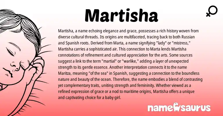 Infographic about Martisha name meaning, Martisha is a name from Jamaican, Russian, American origin(s).