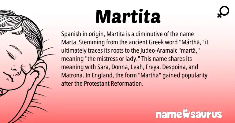 Infographic about Martita name meaning, Martita is a name from Aramaic, Spanish, England, Greek origin(s).