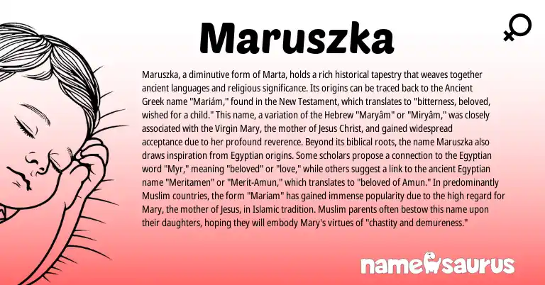 Infographic about Maruszka name meaning, Maruszka is a name from Egyptian, Ancient Greek, Muslim, Hebrew origin(s).