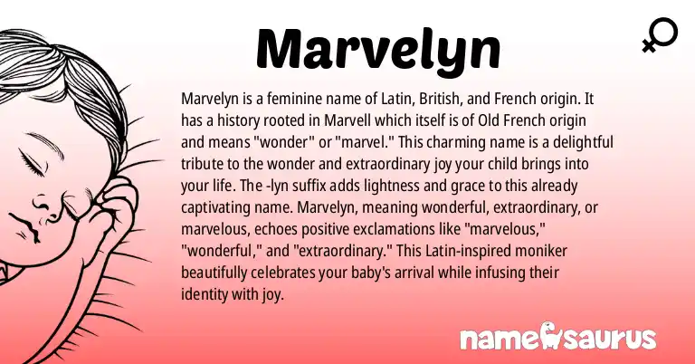 Infographic about Marvelyn name meaning, Marvelyn is a name from Latin, British, French origin(s).