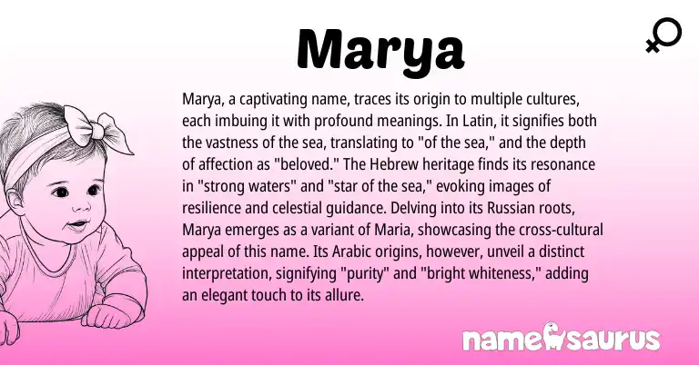 Infographic about Marya name meaning, Marya is a name from Russian, Latin, Arabic, Hebrew origin(s).