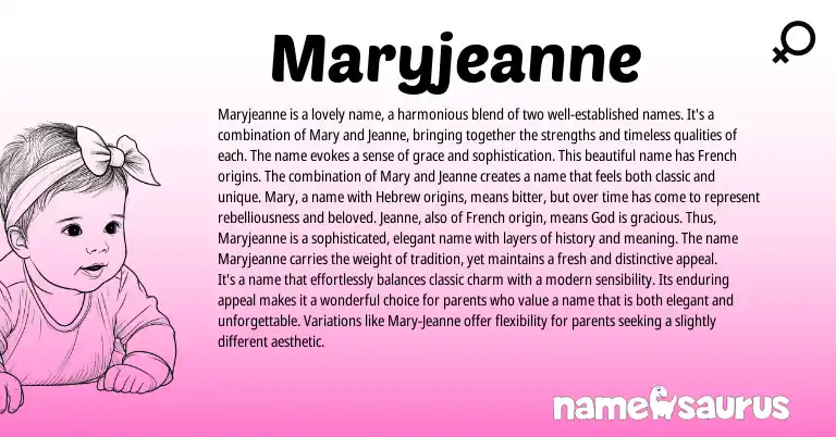 Infographic about Maryjeanne name meaning, Maryjeanne is a name from American origin(s).
