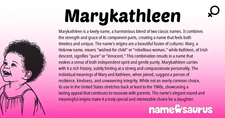 Infographic about Marykathleen name meaning, Marykathleen is a name from Hebrew, English, Irish origin(s).