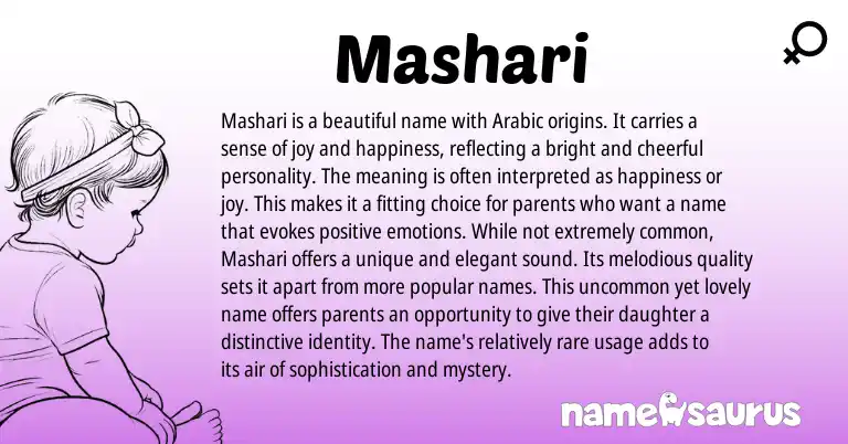 Infographic about Mashari name meaning, Mashari is a name from Arabic origin(s).