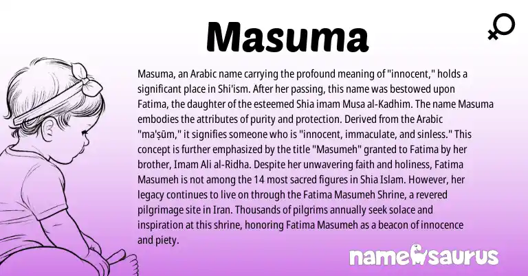 Infographic about Masuma name meaning, Masuma is a name from Iran, Arabic origin(s).