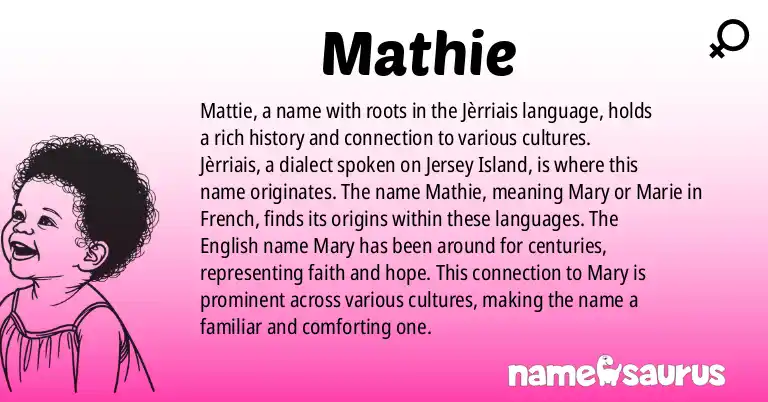 Infographic about Mathie name meaning, Mathie is a name from Jèrriais origin(s).