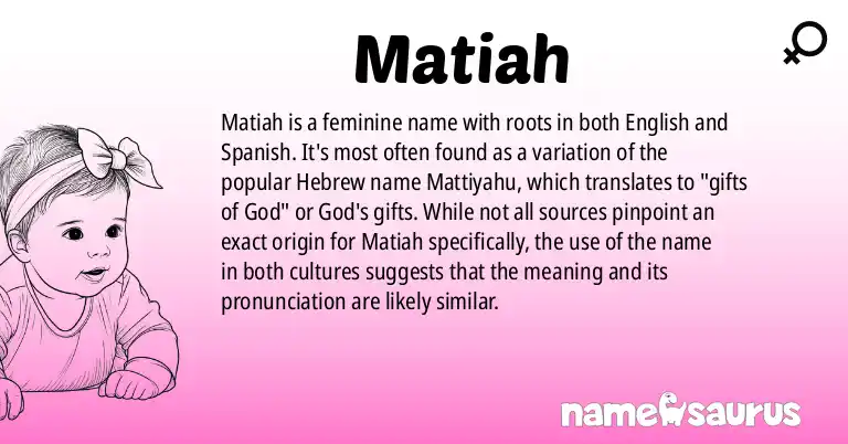 Infographic about Matiah name meaning, Matiah is a name from English (American), Spanish (Latin American) origin(s).