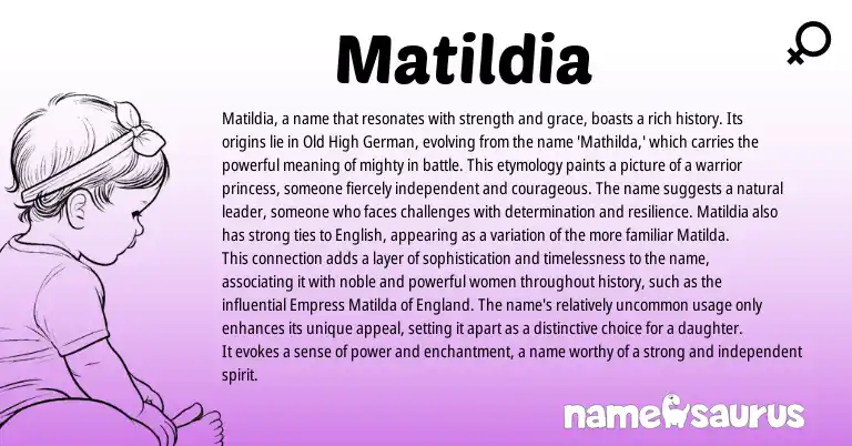 Infographic about Matildia name meaning, Matildia is a name from Germanic origin(s).