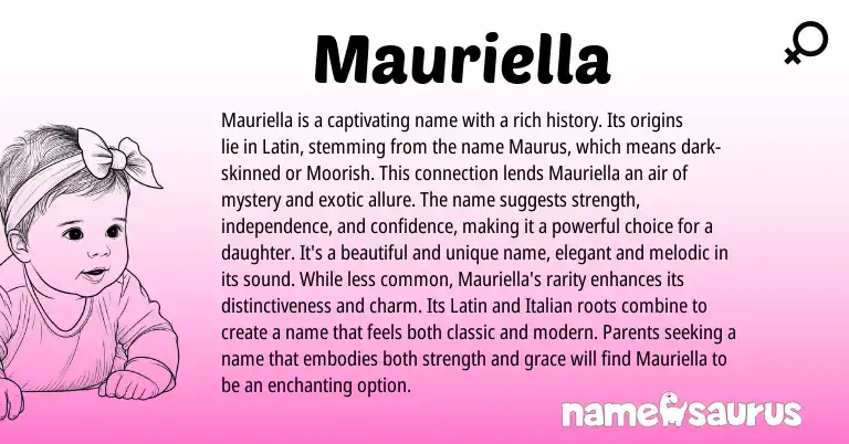 Infographic about Mauriella name meaning, Mauriella is a name from Latin origin(s).