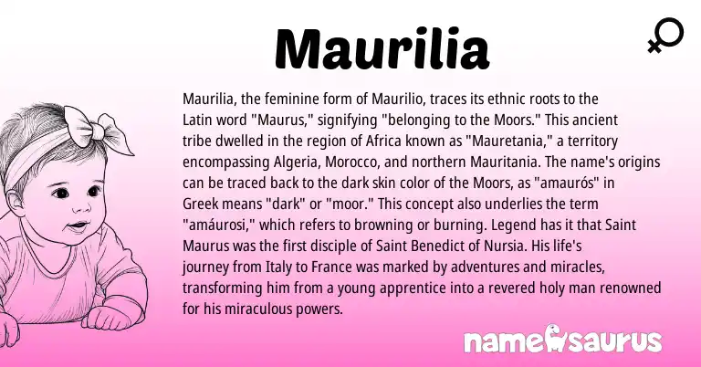 Infographic about Maurilia name meaning, Maurilia is a name from Latin, Morocco, Greek origin(s).