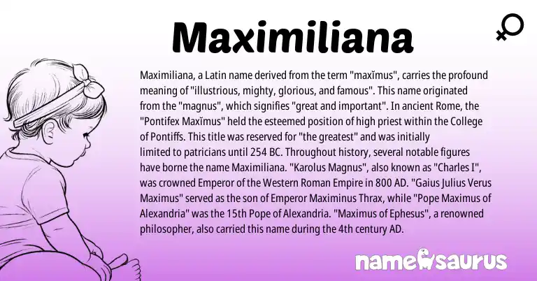 Infographic about Maximiliana name meaning, Maximiliana is a name from Roman, Latin origin(s).