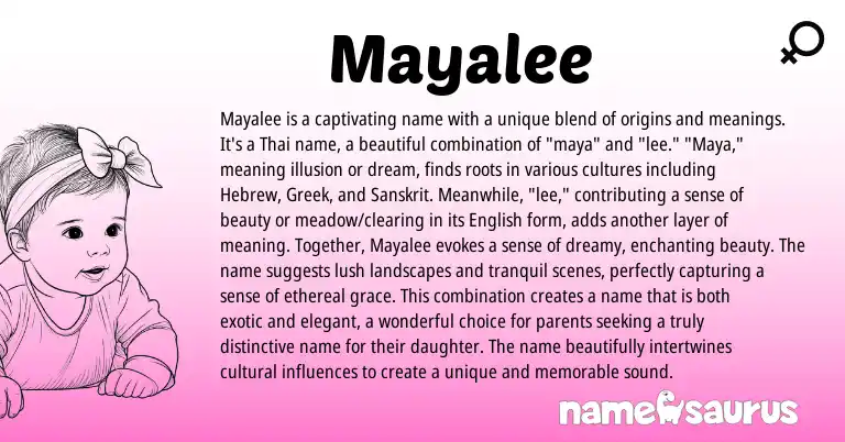 Infographic about Mayalee name meaning, Mayalee is a name from Thai origin(s).