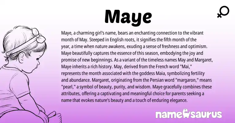 Infographic about Maye name meaning, Maye is a name from English, French, Persian origin(s).