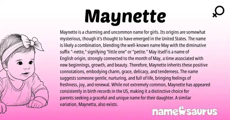 Infographic about Maynette name meaning, Maynette is a name from English origin(s).