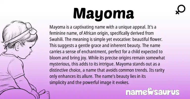 Infographic about Mayoma name meaning, Mayoma is a name from African, Swahili origin(s).