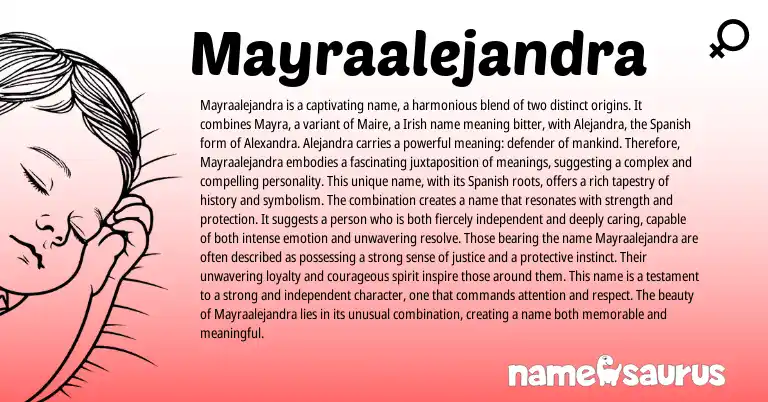 Infographic about Mayraalejandra name meaning, Mayraalejandra is a name from Spanish, Irish origin(s).