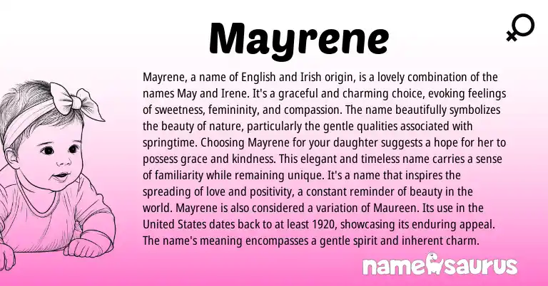 Infographic about Mayrene name meaning, Mayrene is a name from English, Irish origin(s).