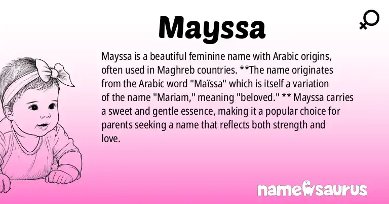 Infographic about Mayssa name meaning, Mayssa is a name from Arabic (Maghrebi) origin(s).