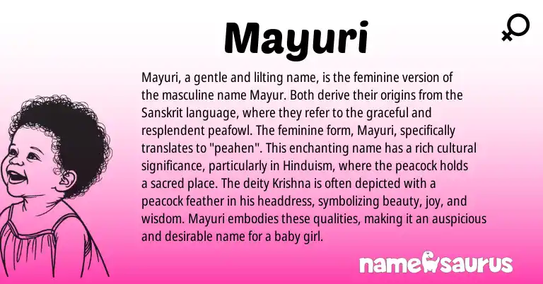 Infographic about Mayuri name meaning, Mayuri is a name from Hinduism, Sanskrit origin(s).