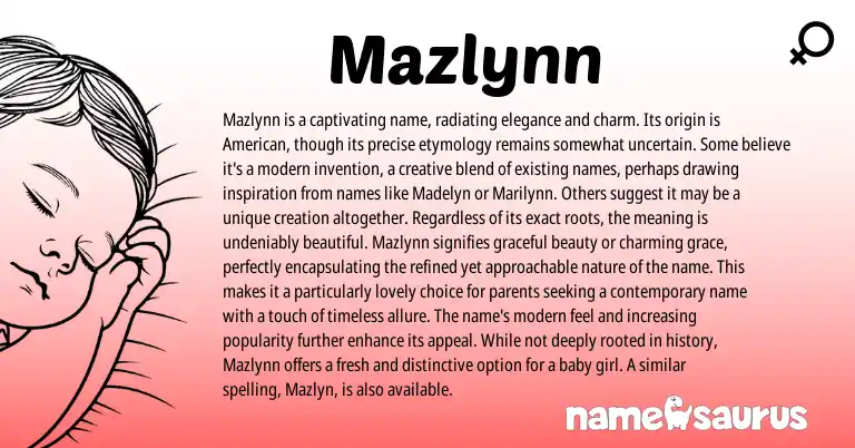 Infographic about Mazlynn name meaning, Mazlynn is a name from American origin(s).