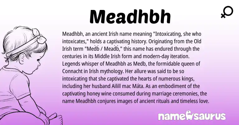 Infographic about Meadhbh name meaning, Meadhbh is a name from Irish, Legends, Old Irish origin(s).